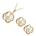 Jewellery Set Precious Metal Coated Pendant Necklace and Earrings with a Classic Flower Shape Design and White Pearl Center