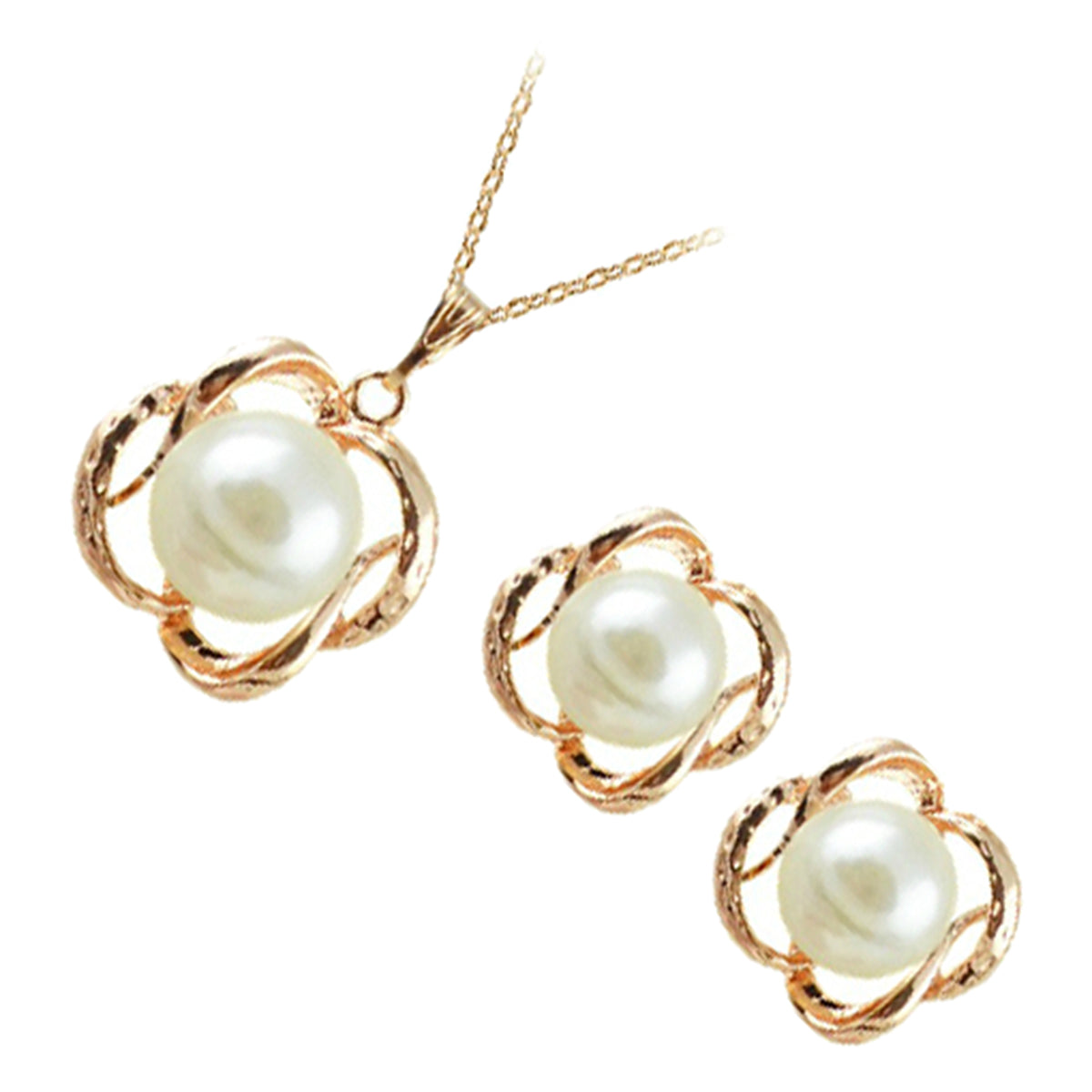Jewellery Set Precious Metal Coated Pendant Necklace and Earrings with a Classic Flower Shape Design and White Pearl Center