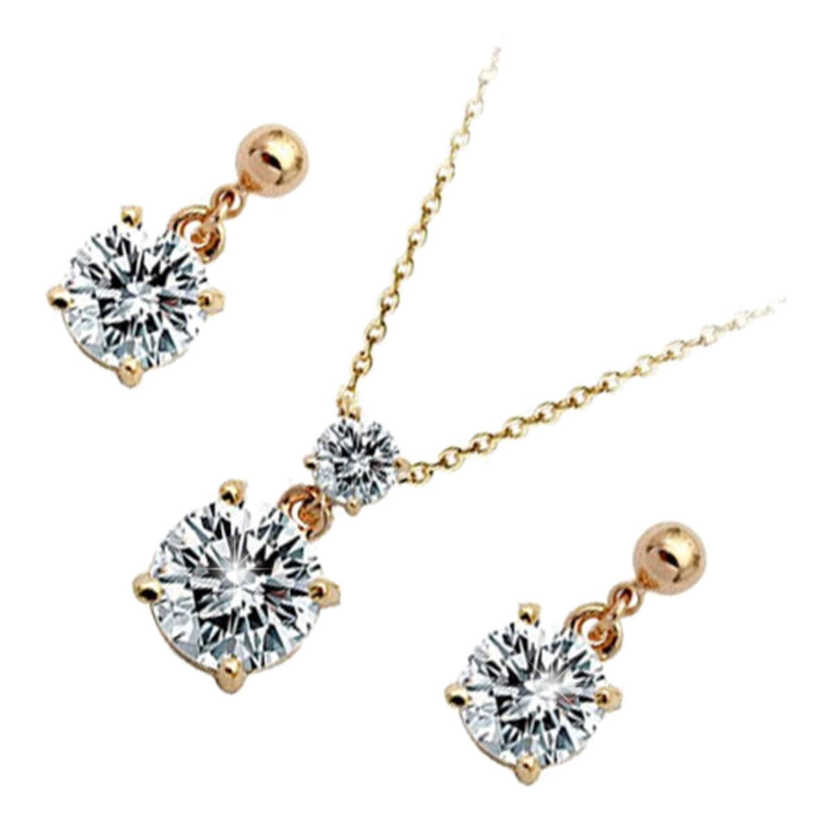 Jewellery Set Precious Metal Coated Pendant Necklace and Earrings with Sparkling Round AAA Cubic Zirconia Stone