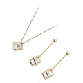 Jewellery Set Precious Metal Coated Pendant Necklace and Earrings with Round Cut Clear CZ Stone Inside Cube