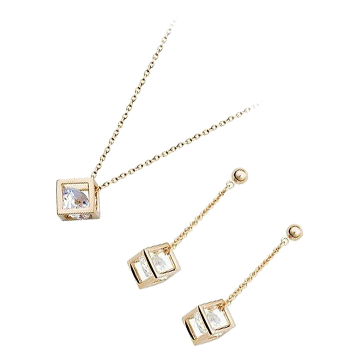 Jewellery Set Precious Metal Coated Pendant Necklace and Earrings with Round Cut Clear CZ Stone Inside Cube