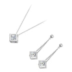 Jewellery Set Precious Metal Coated Pendant Necklace and Earrings with Round Cut Clear CZ Stone Inside Cube