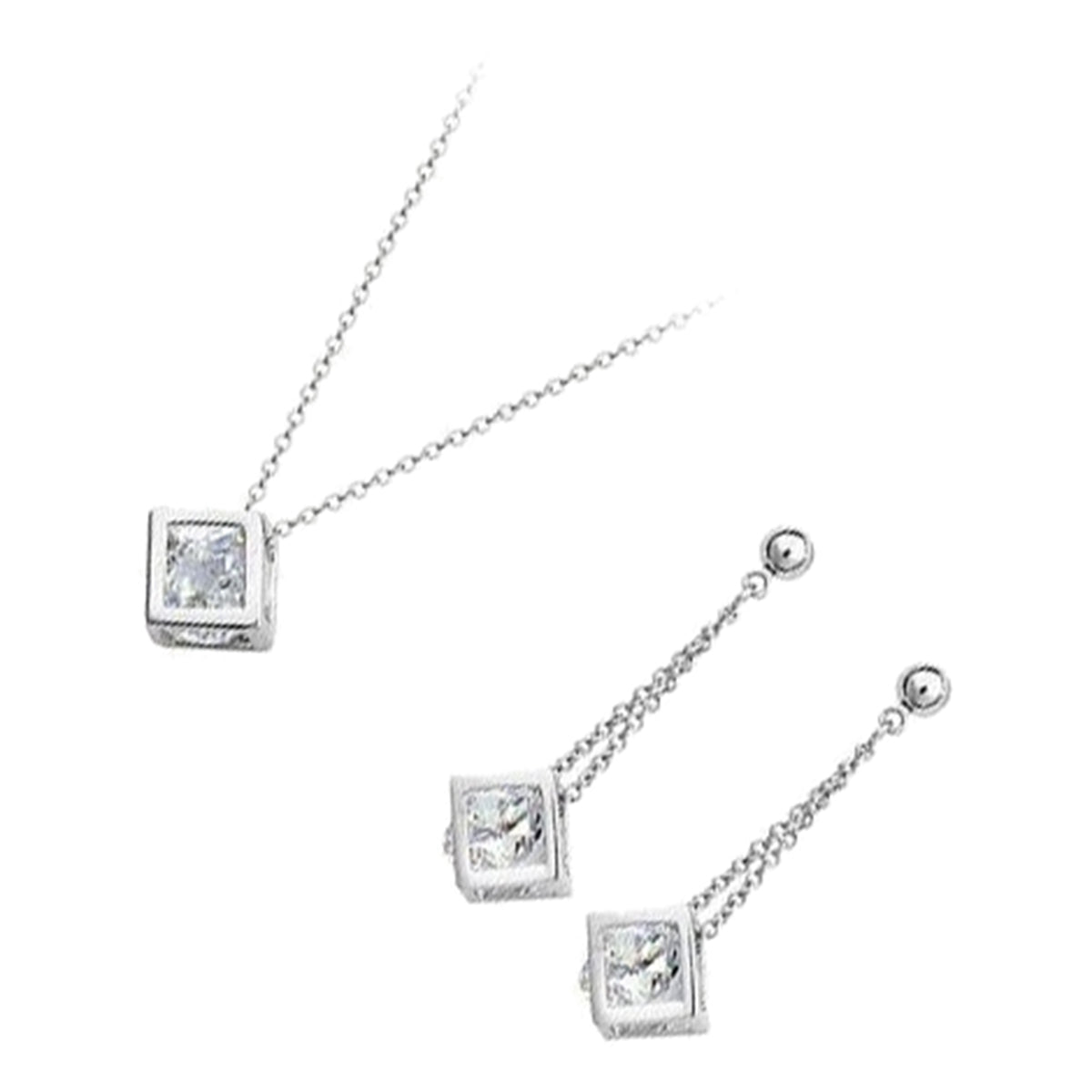 Jewellery Set Precious Metal Coated Pendant Necklace and Earrings with Round Cut Clear CZ Stone Inside Cube