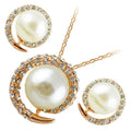 Jewellery Set Precious Metal Coated Earrings and Pendant Necklace with Pearl Graced with Spiral Band Covered in Transparent Stones
