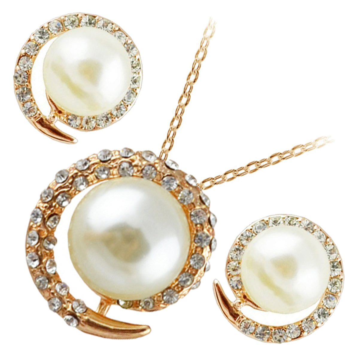 Jewellery Set Precious Metal Coated Earrings and Pendant Necklace with Pearl Graced with Spiral Band Covered in Transparent Stones