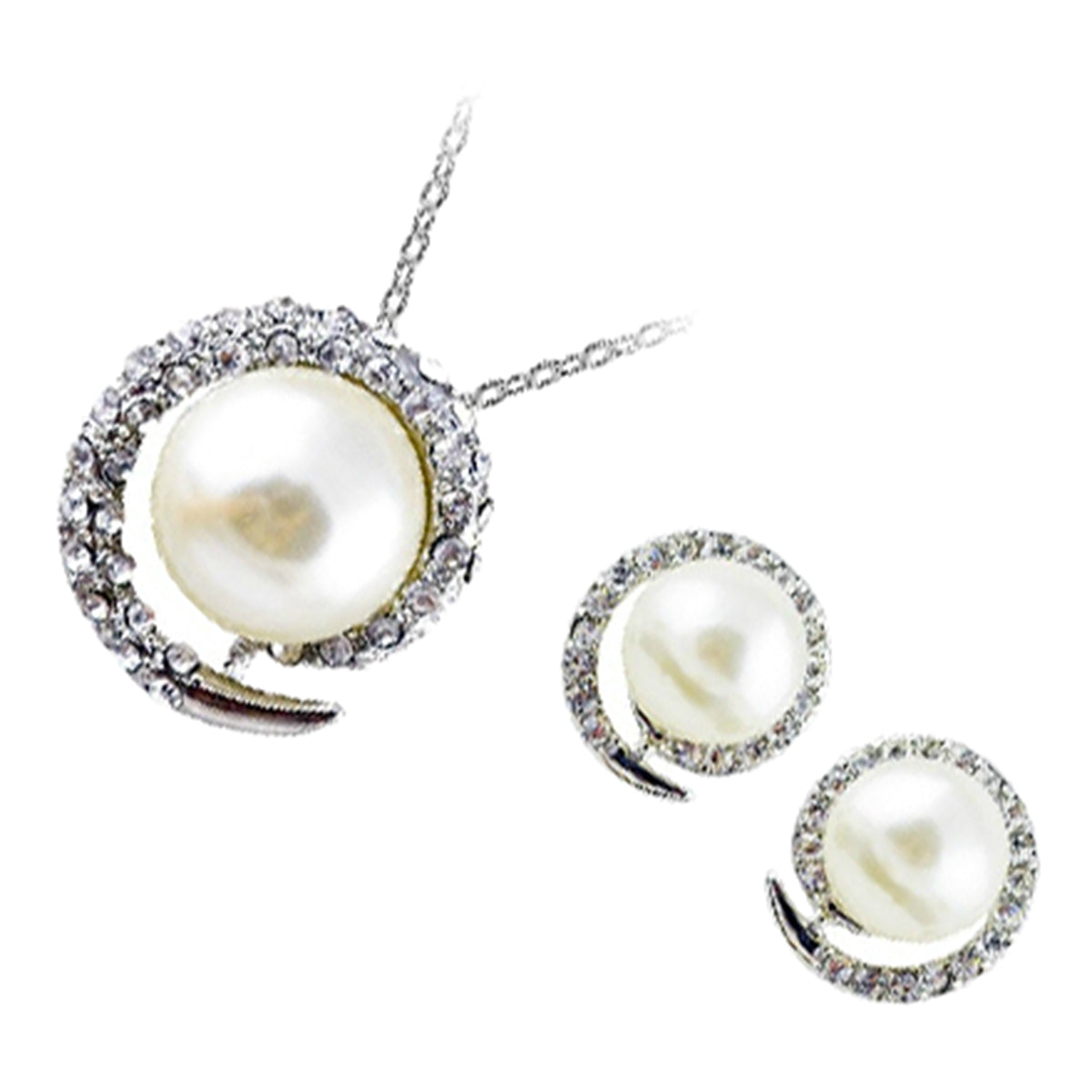 Jewellery Set Precious Metal Coated Earrings and Pendant Necklace with Pearl Graced with Spiral Band Covered in Transparent Stones