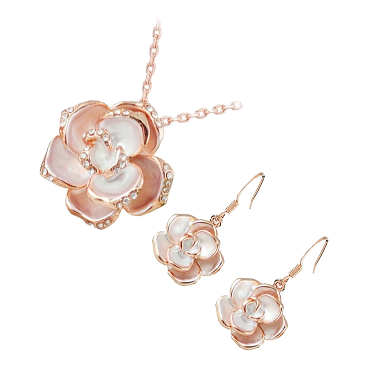 Jewellery Set Precious Metal Coated Pendant Necklace and Earrings featuring Rosebud Flower with White Leaves Graced with Diamond Clear Crystals