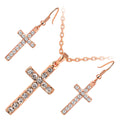 Jewellery Set Precious Metal Coated Pendant Necklace and Earrings with Cross Design Adorned with Brilliant Clear Stones