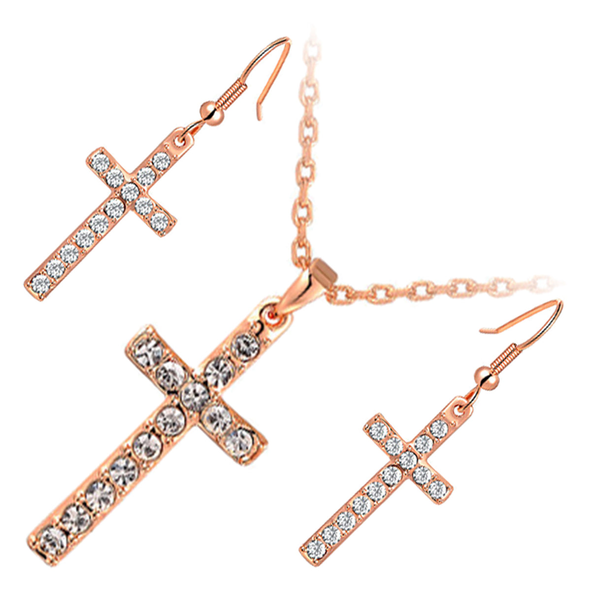 Jewellery Set Precious Metal Coated Pendant Necklace and Earrings with Cross Design Adorned with Brilliant Clear Stones