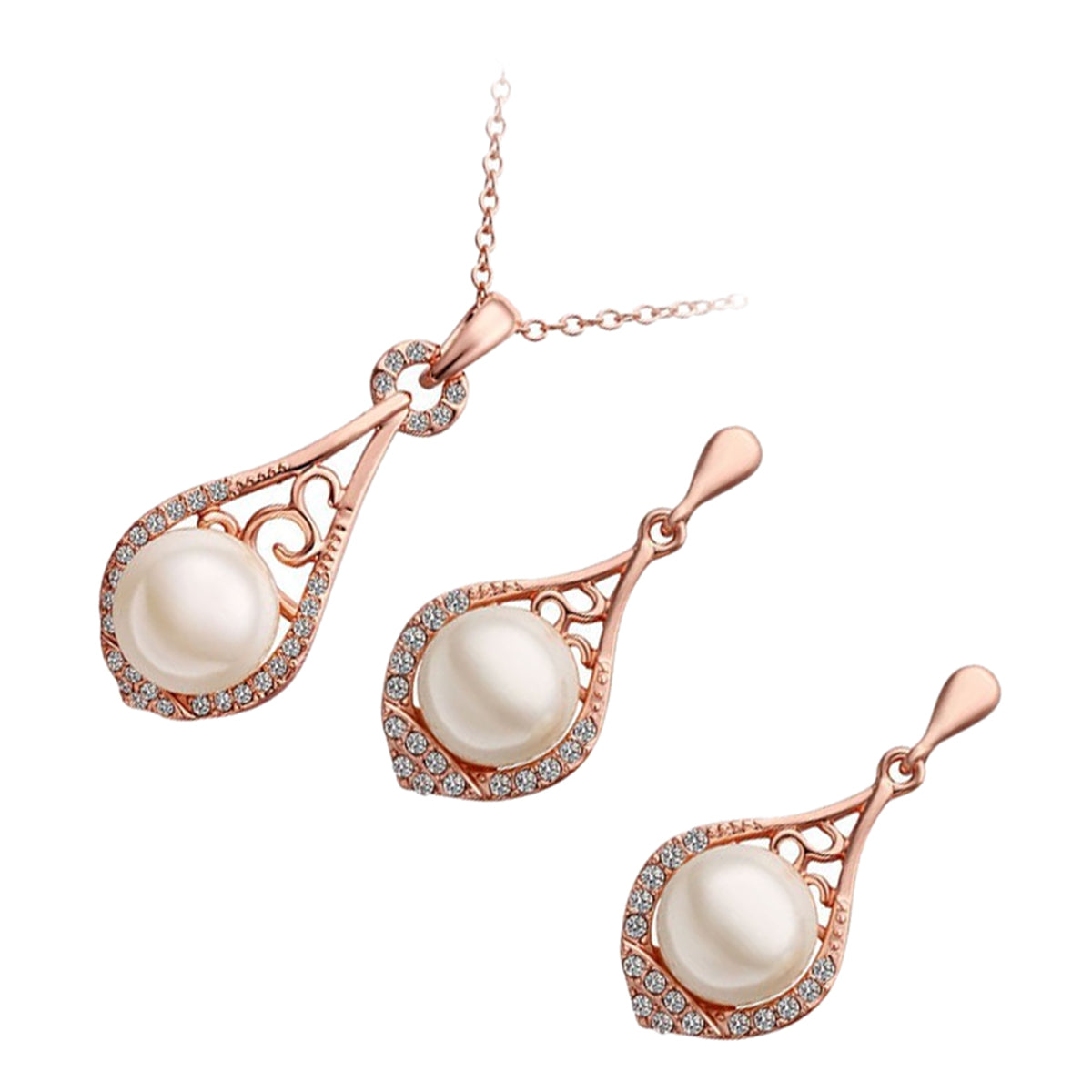 Jewellery Set Precious Metal Coated Pendant Necklace and Earrings with White Pearl, Graced with Diamond Clear Crystals in Water Drop Shape