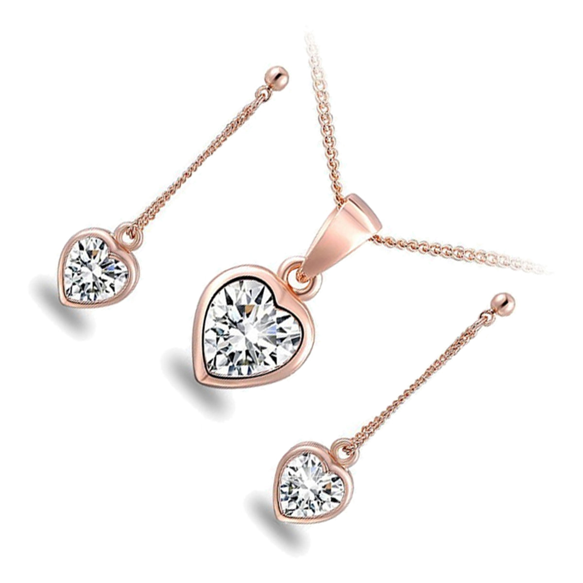 Jewellery Set Precious Metal Coated Pendant Necklace and Earrings with Heart Shaped AAA Clear CZ Crystal
