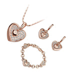 Jewellery Set Precious Metal Coated Pendant Necklace, Earrings, and Chain Bracelet with Heart Form, Adorned with White Crystals
