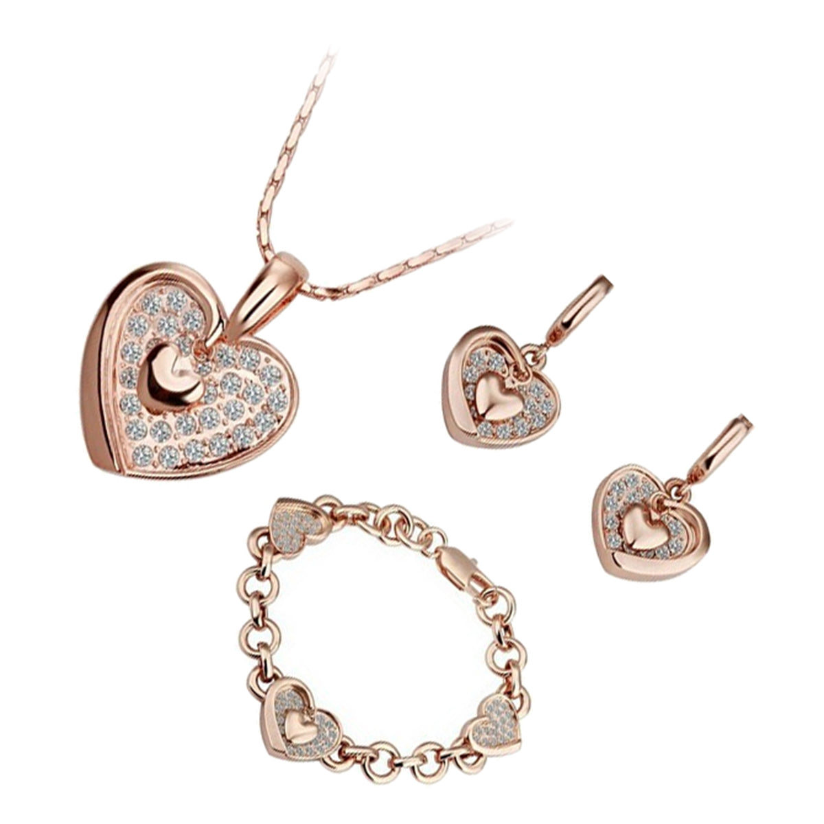 Jewellery Set Precious Metal Coated Pendant Necklace, Earrings, and Chain Bracelet with Heart Form, Adorned with White Crystals
