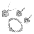 Jewellery Set Precious Metal Coated Pendant Necklace, Earrings, and Chain Bracelet with Heart Form, Adorned with White Crystals