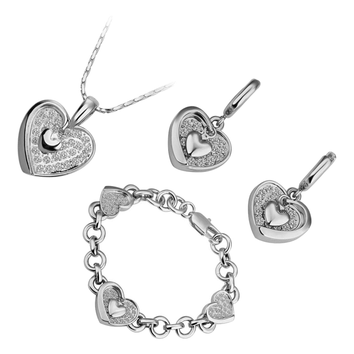 Jewellery Set Precious Metal Coated Pendant Necklace, Earrings, and Chain Bracelet with Heart Form, Adorned with White Crystals