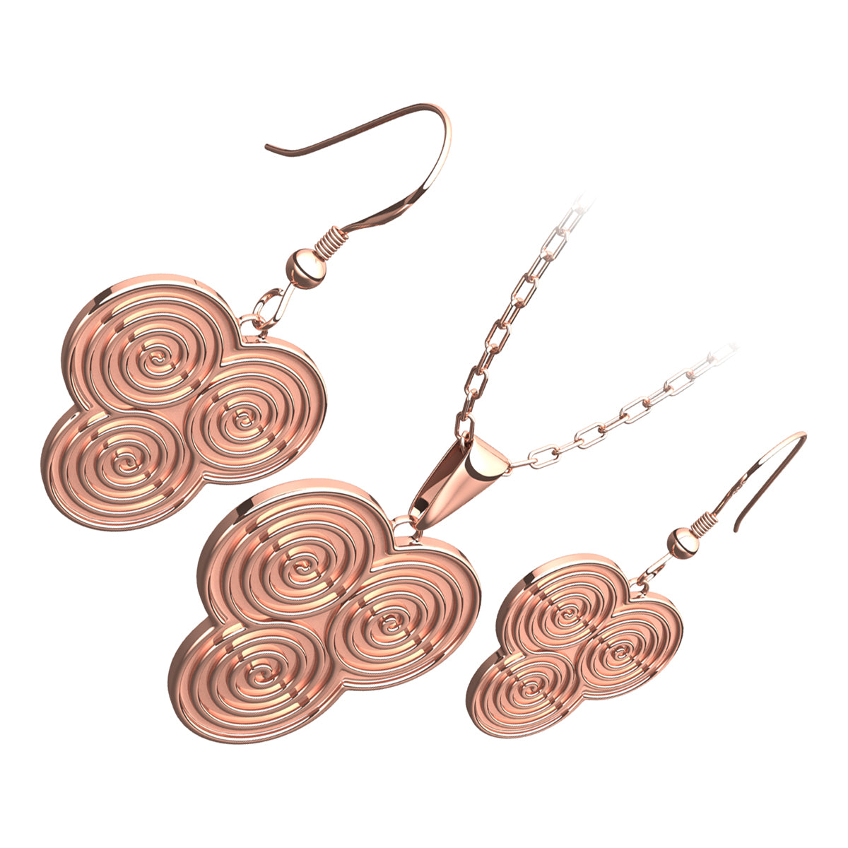 Triskelion Triple Celtic Spiral Design Precious Metal Coated Jewellery Set Double Sided Pendant Necklace and Earrings