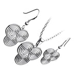 Triskelion Triple Celtic Spiral Design Precious Metal Coated Jewellery Set Double Sided Pendant Necklace and Earrings