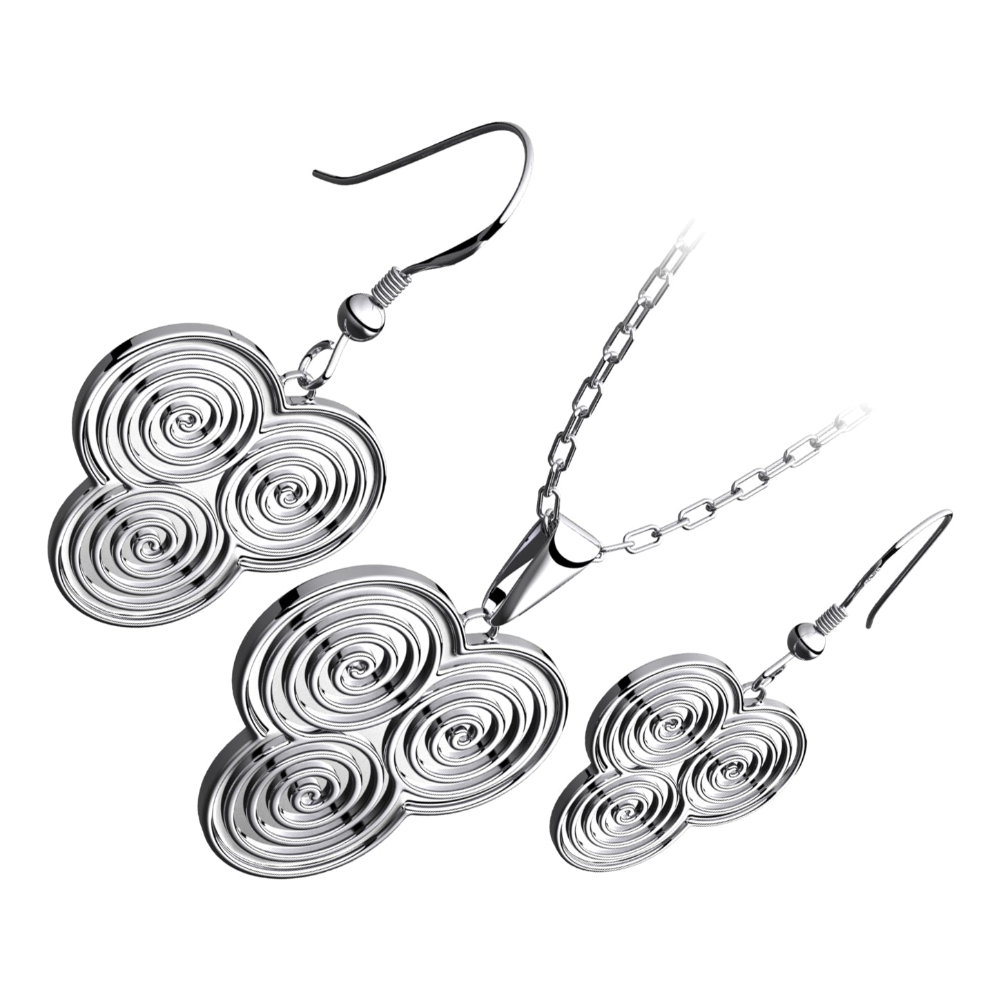 Triskelion Triple Celtic Spiral Design Precious Metal Coated Jewellery Set Double Sided Pendant Necklace and Earrings