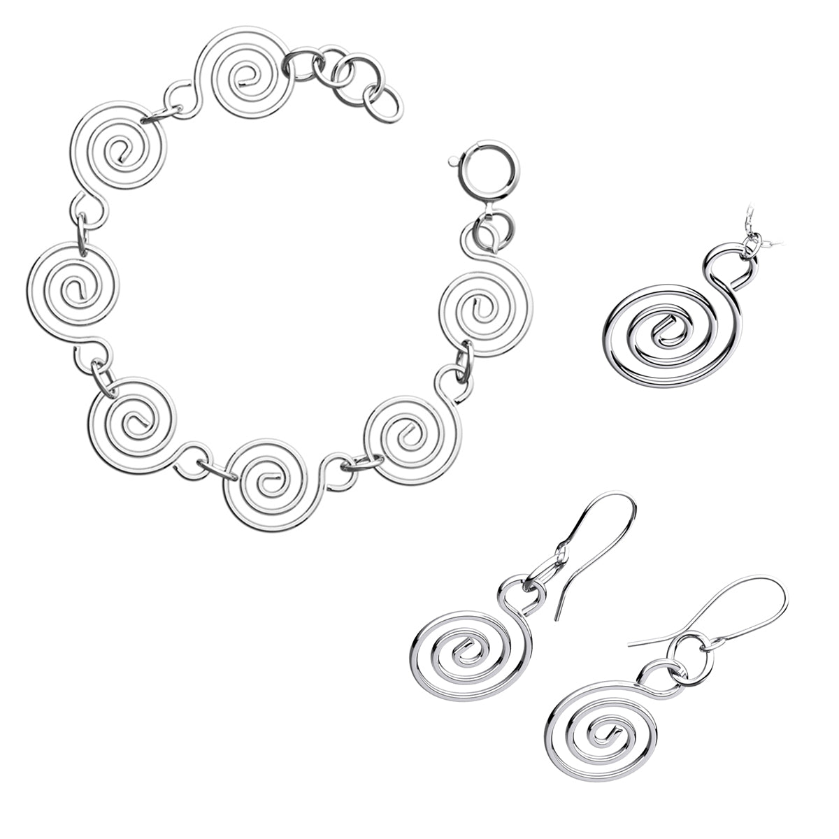Precious Metal Coated Celtic Spiral Jewellery Set Bracelet, Earrings, and Pendant Necklace