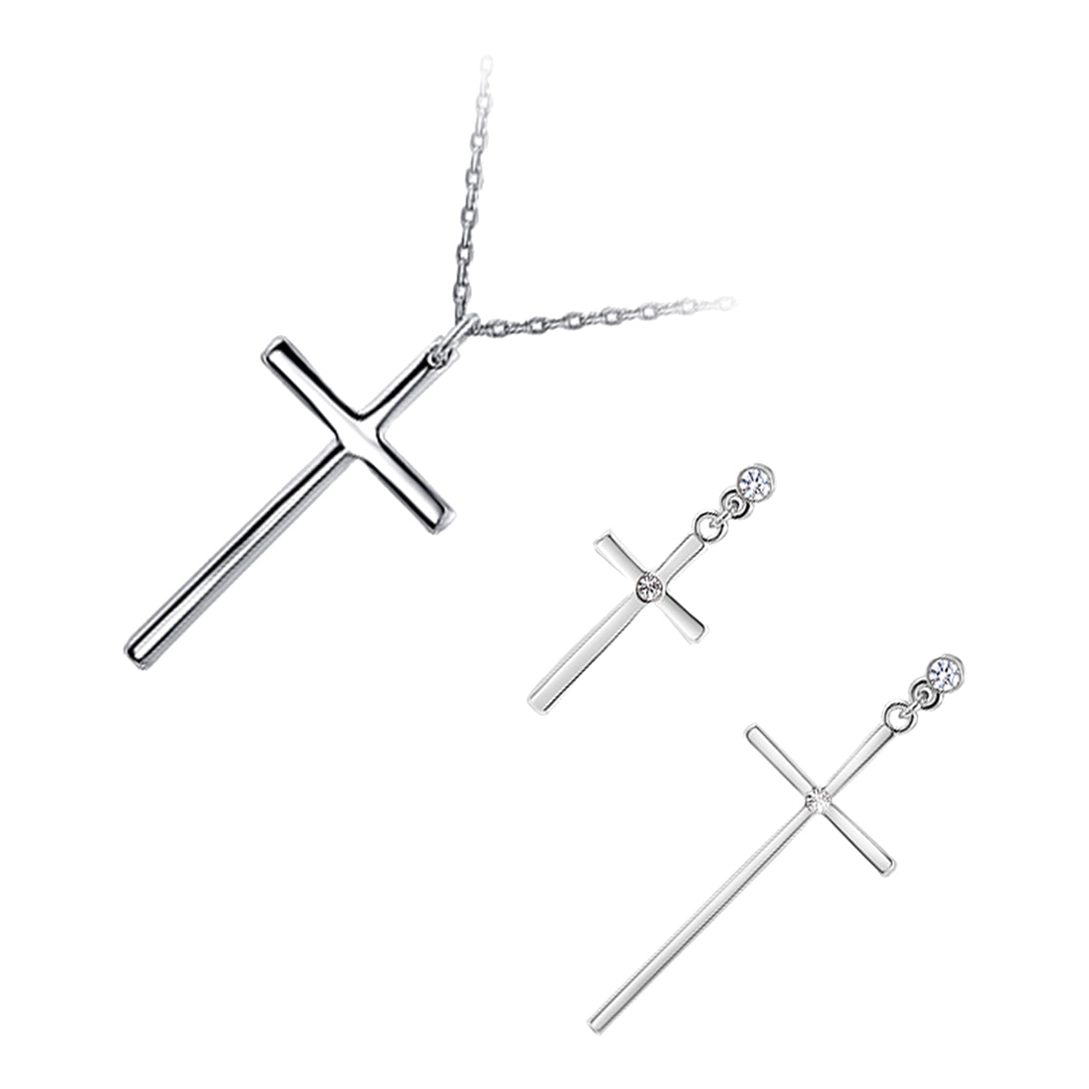 Jewellery Set Precious Metal Coated Pendant Necklace and Drop Dangle Earrings with Cross of Different Length Embellished with 2 Crystals