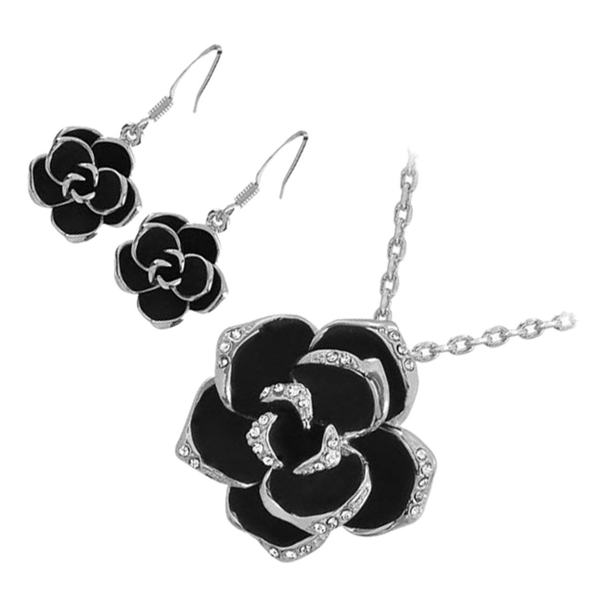 Jewellery Set Precious Metal Coated Pendant Necklace and Earrings Rosebud Flower with Black Leaves Graced with Diamond Clear Crystals