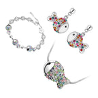 Jewellery Set Precious Metal Coated Pendant Necklace, Earrings, and Chain Bracelet of Multicolor Crystal-covered Fishes