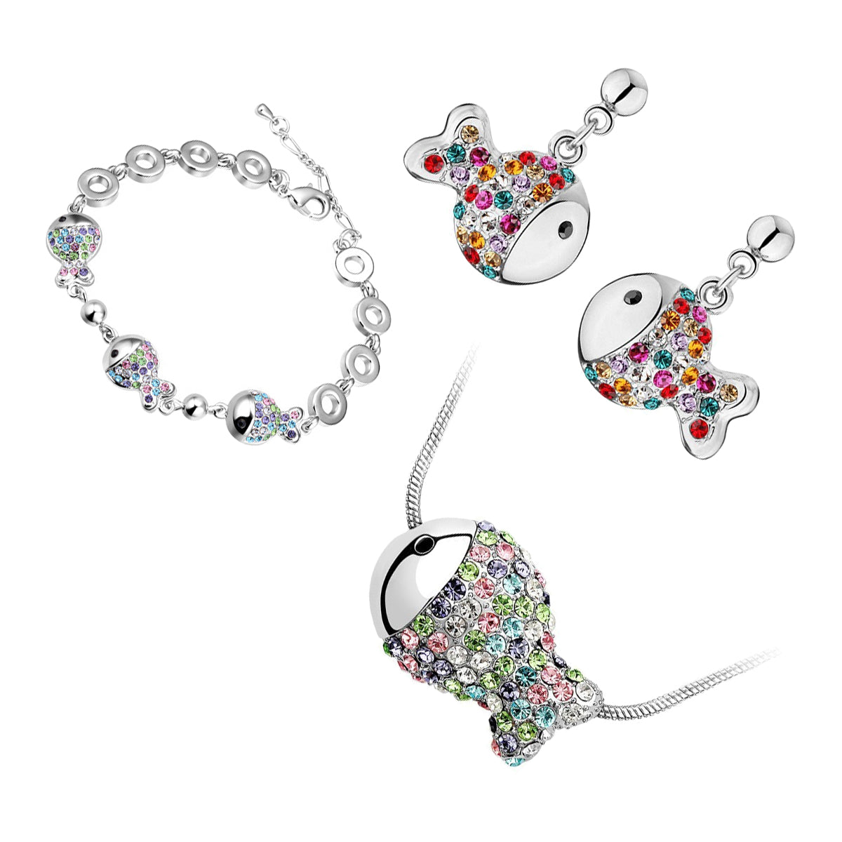 Jewellery Set Precious Metal Coated Pendant Necklace, Earrings, and Chain Bracelet of Multicolor Crystal-covered Fishes