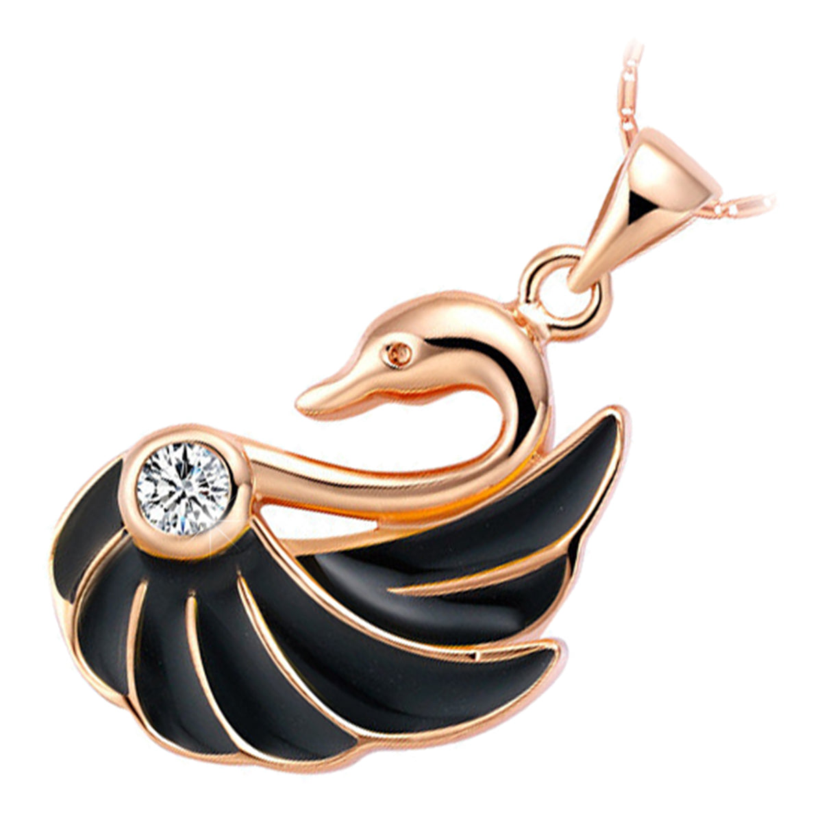 18K Rose Gold Coated Jewellery Set Pendant Necklace and Earrings with Black Wings Swan Adorned with Diamond Clear Crystal Bird