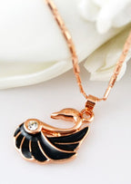 18K Rose Gold Coated Jewellery Set Pendant Necklace and Earrings with Black Wings Swan Adorned with Diamond Clear Crystal Bird