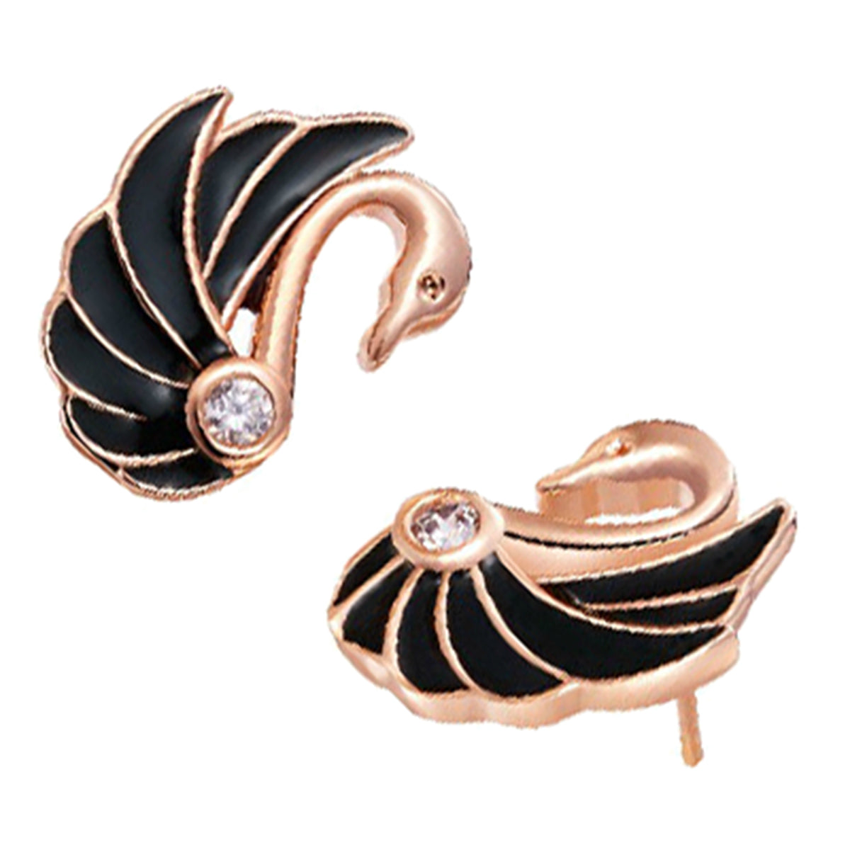 18K Rose Gold Coated Jewellery Set Pendant Necklace and Earrings with Black Wings Swan Adorned with Diamond Clear Crystal Bird