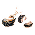 18K Rose Gold Coated Jewellery Set Pendant Necklace and Earrings with Black Wings Swan Adorned with Diamond Clear Crystal Bird