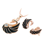 18K Rose Gold Coated Jewellery Set Pendant Necklace and Earrings with Black Wings Swan Adorned with Diamond Clear Crystal Bird