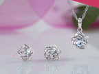 18K White Gold Coated Jewellery Set Pendant Necklace and Earrings with Sparkling AAA Diamond Clear Round Zircon Crystal Vintage 5 Petal Blossom Flower Design