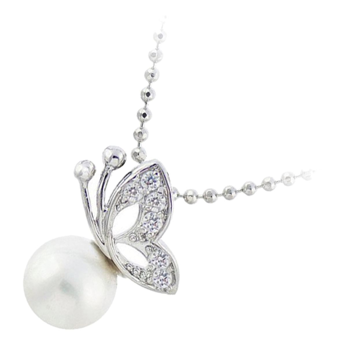 Jewellery Set 925 Sterling Silver Coated Pendant Necklace and Earrings Butterfly Embellished with Stones Sitting on White Pearl