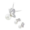 Jewellery Set 925 Sterling Silver Coated Pendant Necklace and Earrings Butterfly Embellished with Stones Sitting on White Pearl