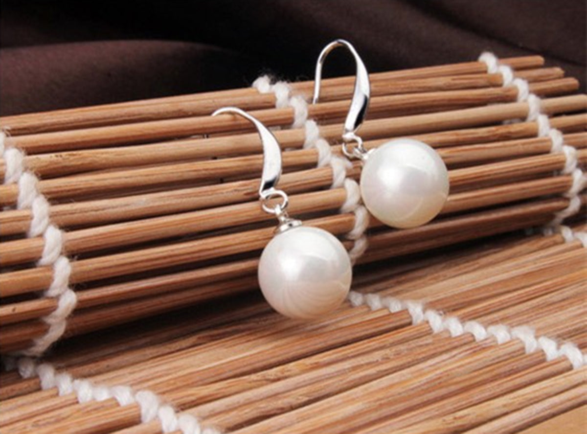 Jewellery Set 925 Sterling Silver Coated Pendant Necklace and Earrings Round White Pearl