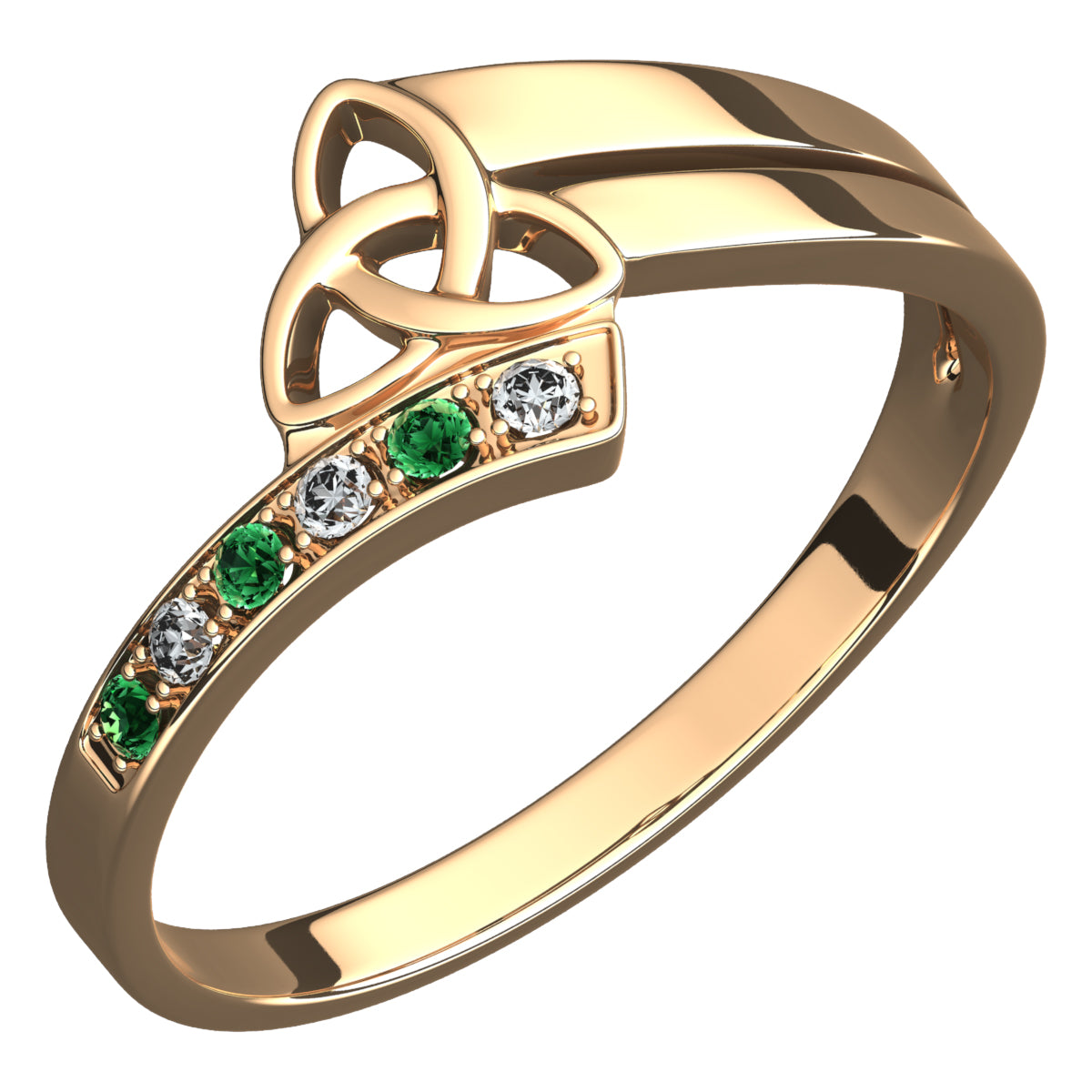 18K Yellow Gold Coated 925 Sterling Silver Celtic Triquetra Trinity Knot Ring with Emerald Green CZ Stones
