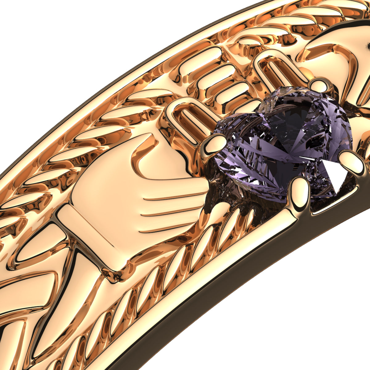 18K Yellow Gold Coated 925 Sterling Silver Claddagh Ring with Heart Shaped Amethyst CZ Stone