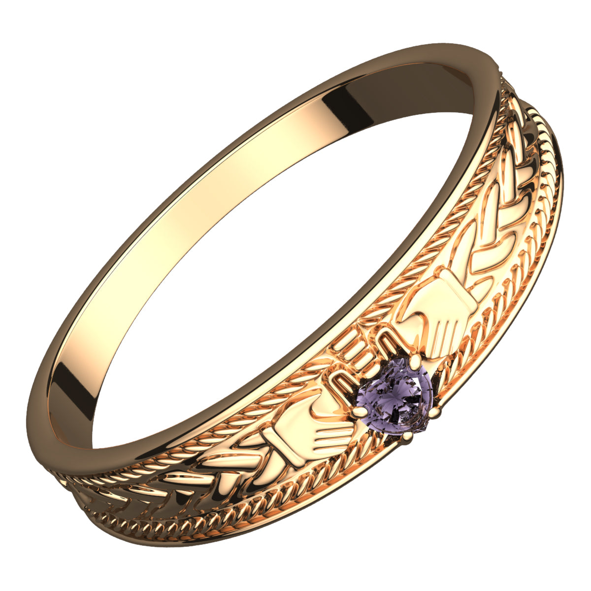 18K Yellow Gold Coated 925 Sterling Silver Claddagh Ring with Heart Shaped Amethyst CZ Stone