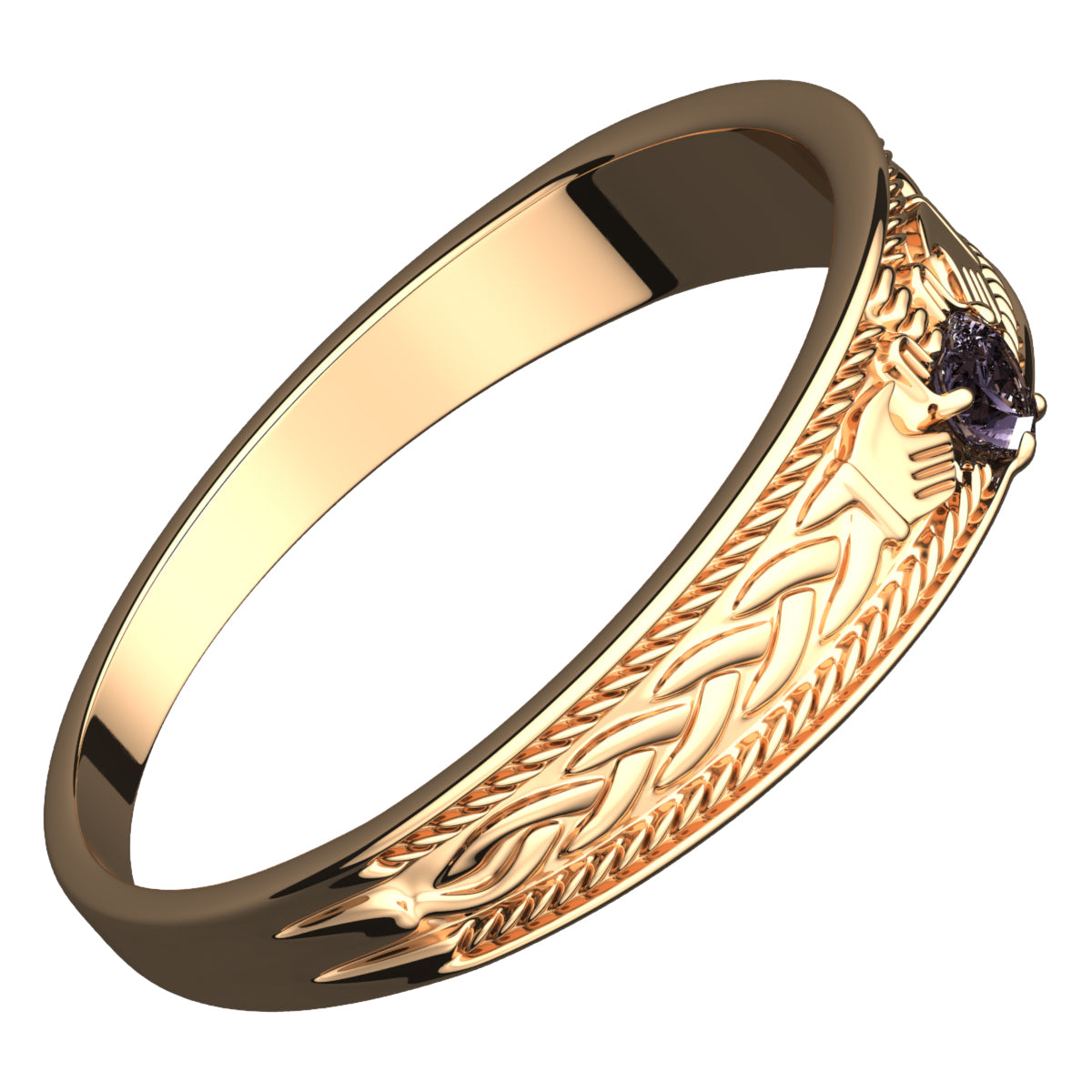 18K Yellow Gold Coated 925 Sterling Silver Claddagh Ring with Heart Shaped Amethyst CZ Stone