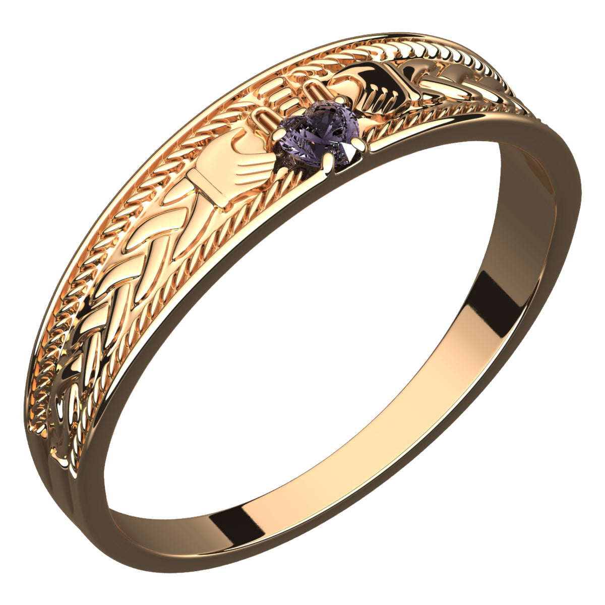 18K Yellow Gold Coated 925 Sterling Silver Claddagh Ring with Heart Shaped Amethyst CZ Stone