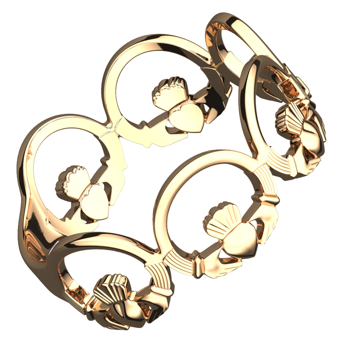 18K Yellow Gold Coated 925 Sterling Silver Ring Chain of Claddaghs