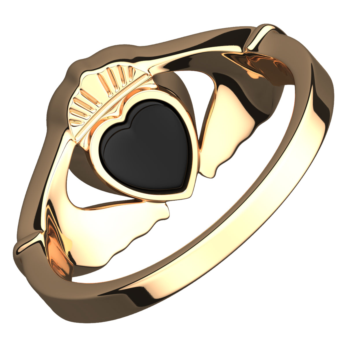 18K Yellow Gold Coated 925 Sterling Silver Claddagh Ring with Unusual Black Enamel Heart