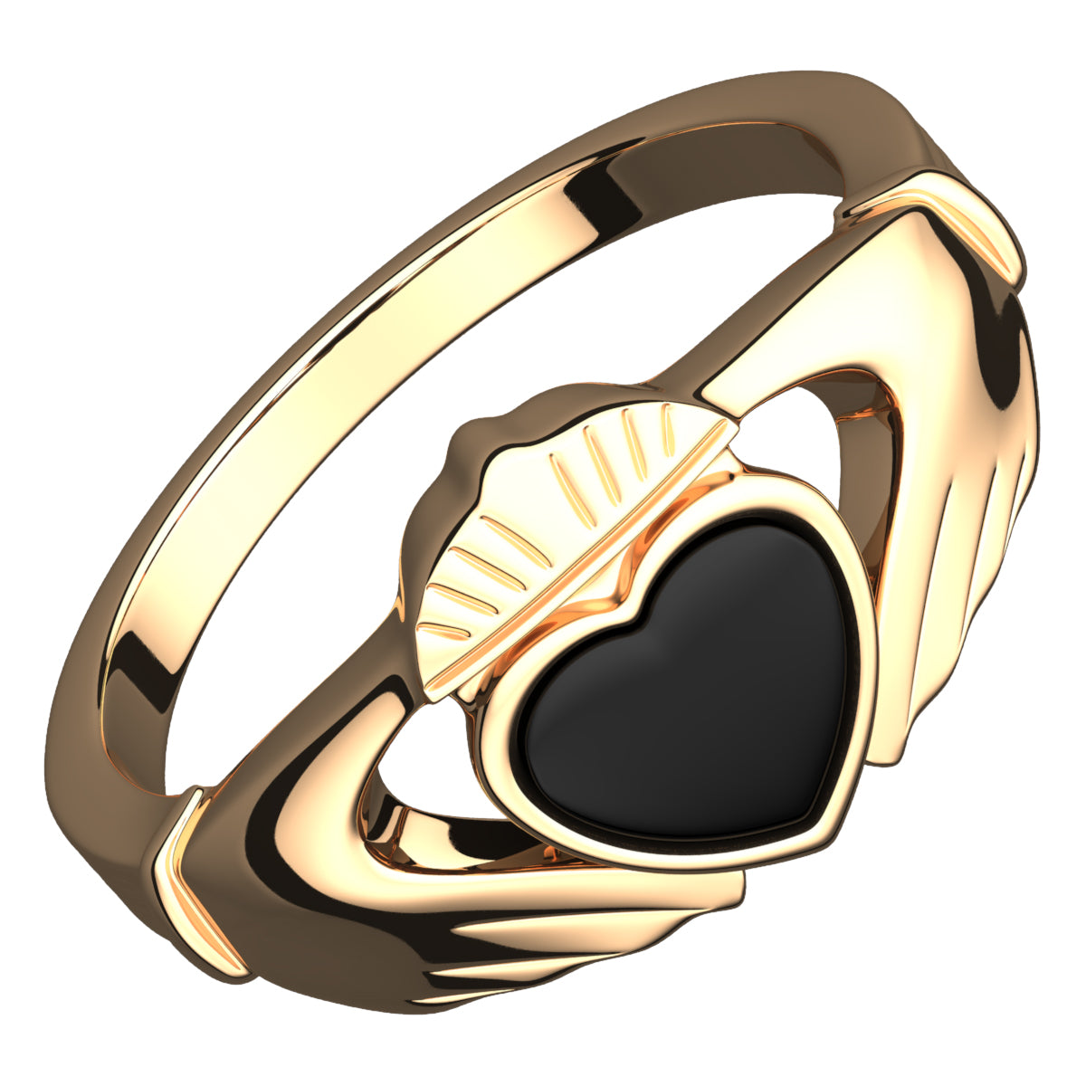 18K Yellow Gold Coated 925 Sterling Silver Claddagh Ring with Unusual Black Enamel Heart