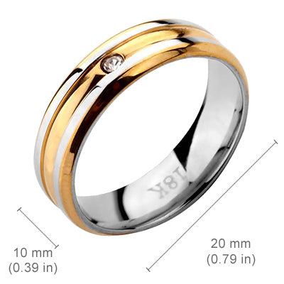 18K Yellow Gold Coated 925 Sterling Silver Ring with White Crystal Between 2 Silver Bands