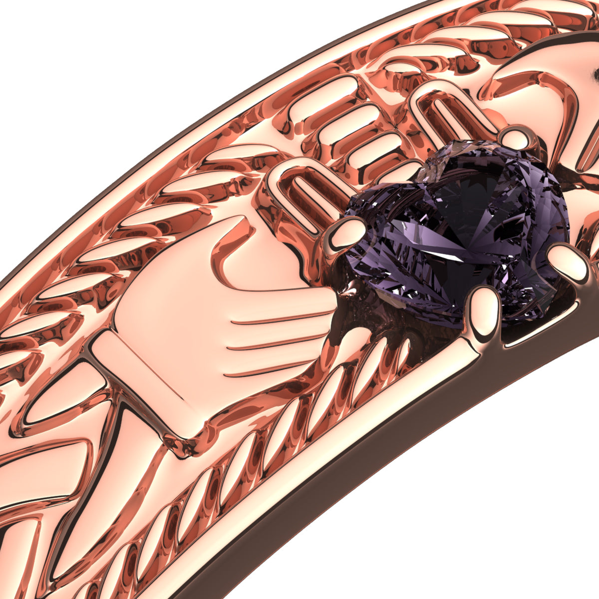 18K Rose Gold Coated Ring Claddagh with Heart Shaped Amethyst Purple Cubic Zirconia Stone Hands and Crown