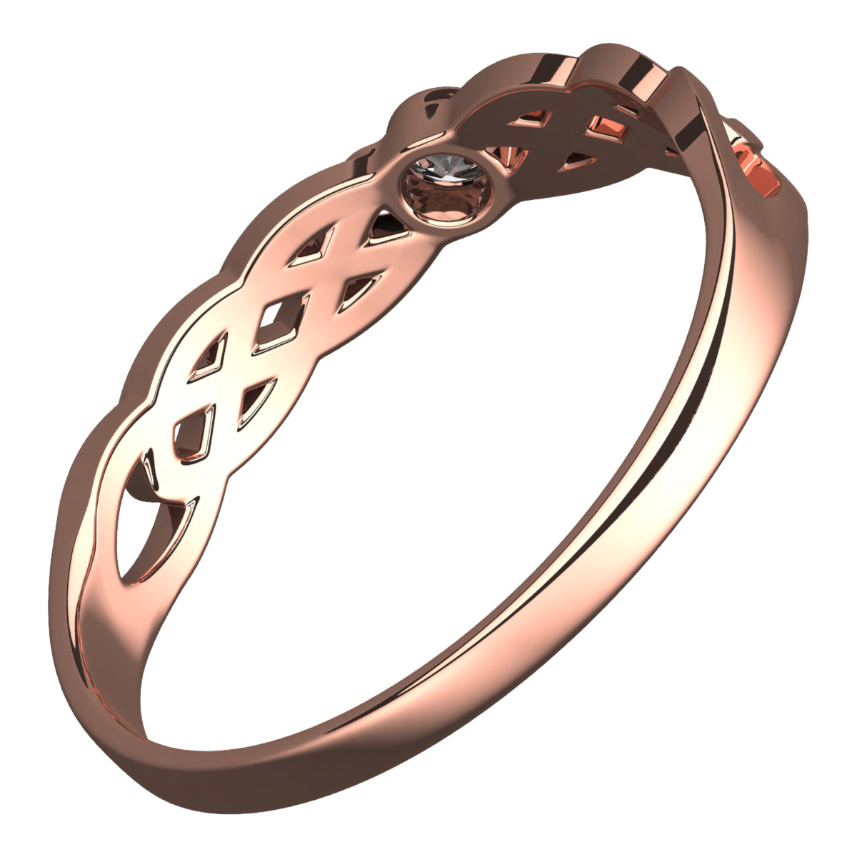 18K Rose Gold Coated Ring Celtic Knotwork with Stone White CZ of Round Cut