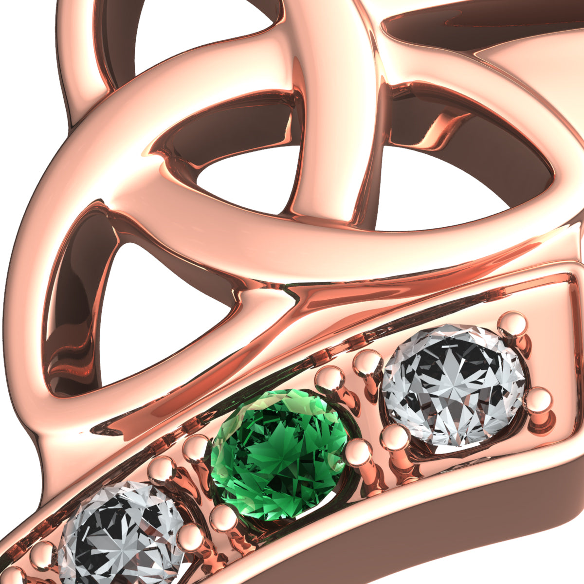 Embellished Emerald Green CZ Stones on 18K Rose Gold Coated Ring Celtic with Triquetra Trinity Knot