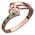 Embellished Emerald Green CZ Stones on 18K Rose Gold Coated Ring Celtic with Triquetra Trinity Knot