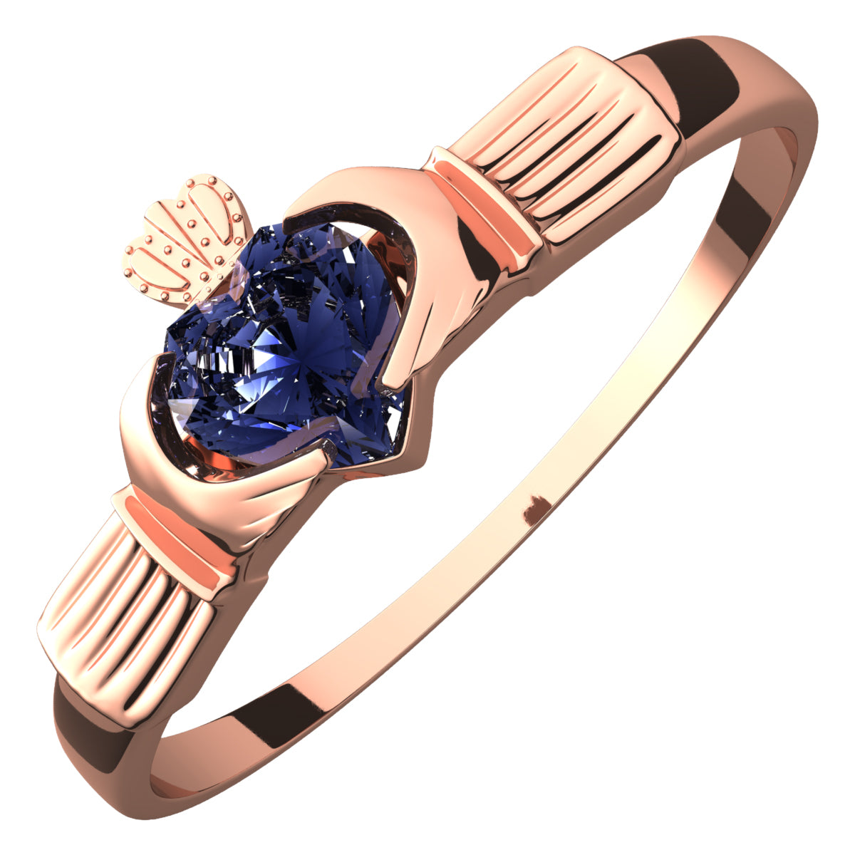 18K Rose Gold Coated Ring Claddagh with Heart Shaped Sapphire Blue Zircon Stone under Crown